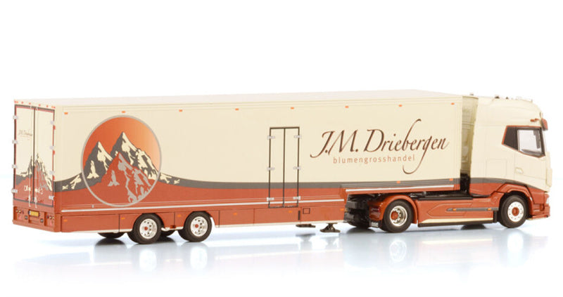 WSI DAF XG+ 4X2 SEMI BOX TRAILER - 2 AXLE J.M. Driebergen 1:50 Truck Pre-built Model