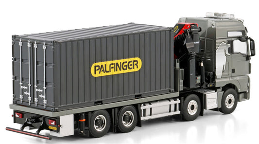 WSI MAN TGX XXL EURO 6C (FACELIFT) RIGED FLATBED TRUCK 8X4 WITH PALFINGER PK 480 TEC + 20FT CONTAINER Premium Line 1:50 Truck Pre-built Model