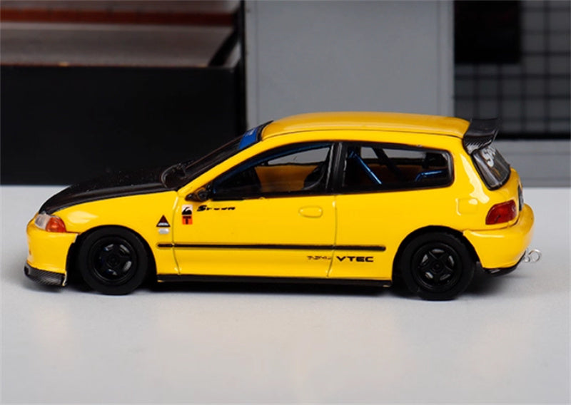SW Honda Civic EG6 SPOON yellow carbon cover Limited Edition 500PCS ONLY 1:64 Car Pre-built Model view3