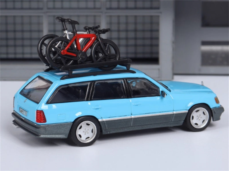 Mortal Mercedes Benz E-Class E300 station wagon S124 with 2 bicycles and luggage rack lake blue - Silver Wheel Regular Edition Limited Edition 299PCS ONLY 1:64 Car Pre-built Model view3