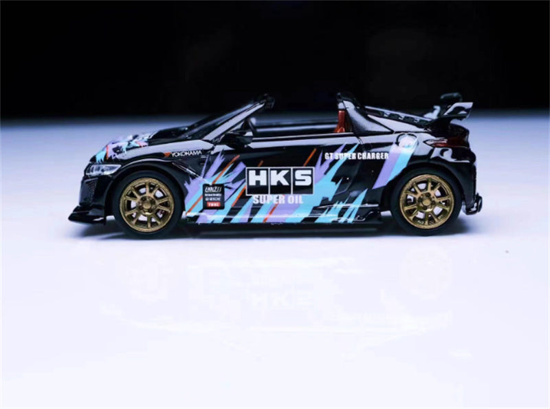 Mortal Honda S660 Mugen Convertible Wide body modified version Small tail HKS coating - with top cover 1:64 Car Pre-built Model view3