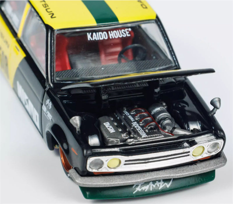 KaidoHouse x MiniGT Datsun Street 510 Racing V2 yellow-green color box packaging 1:64 Car Pre-built Model view5