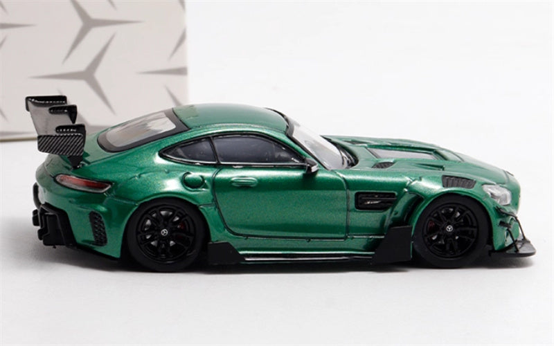Rhino Model Mercedes AMG GTS modified big rear wing sports car Metallic Green 1:64 Car Pre-built Model view3