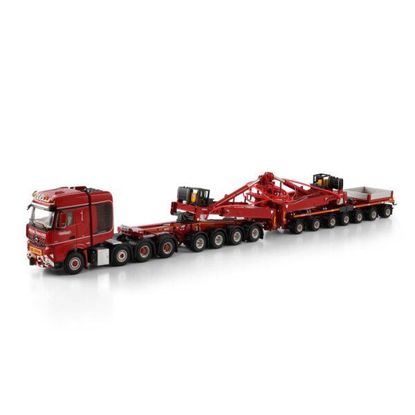1:50 MERCEDES BENZ NOOTEBOOM RED LINE AROCS MP4 8X4 WIND MILL TRAILER W/ 4 AXLE DOLLY 7 AXLE WSI Red Diecast Model