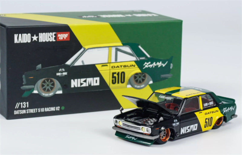 KaidoHouse x MiniGT Datsun Street 510 Racing V2 yellow-green color box packaging 1:64 Car Pre-built Model view6