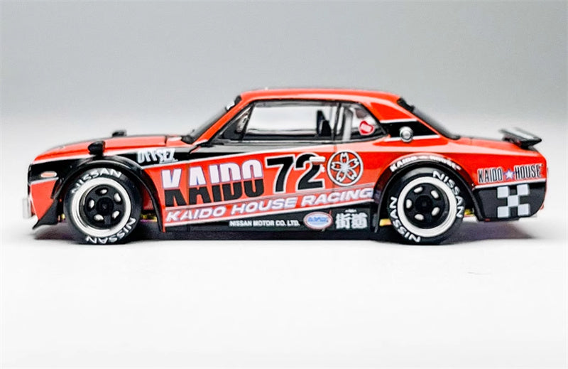 KaidoHouse x MiniGT Nissan Skyline 2000GT-R (KPGC10) Kaido Racing V1 China Edition Orange black Stripes color box packaging 1:64 Car Pre-built Model view3