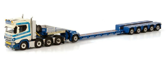 WSI SCANIA R NORMAL CR20N 8X4 LOW LOADER PENDEL X - 5 AXLE + DOLLY - 1 AXLE SCHOONES B.V. 1:50 DIECAST Truck Lorry