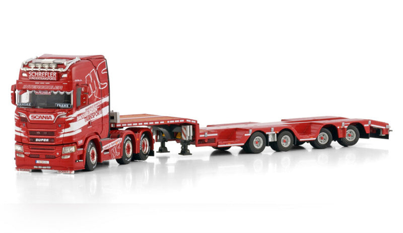 WSI SCANIA S HIGHLINE CS20H 6X2 TWIN STEER SEMI WHEEL WELL LOW LOADER - 4 AXLE Manfred Schrefler 1:50 Model