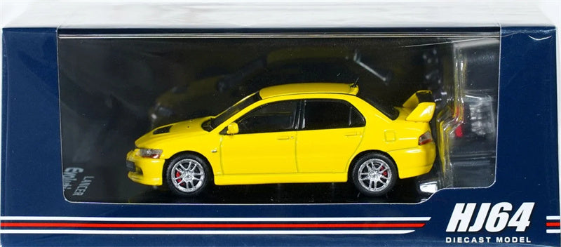 Hobby JAPAN MITSUBISHI LANCER EVOLUTION 9 GSR with Engine YELLOW - Silver Wheel 1:64 Car Pre-built Model view3