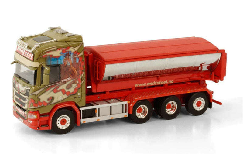 WSI SCANIA R HIGHLINE CR20H 8X4 RIGED TRUCK HOOKLIFT SYSTEM + HOOKLIFT CONTAINER ASPHALT MIDTSTOL 1:50 Truck Pre-built Model