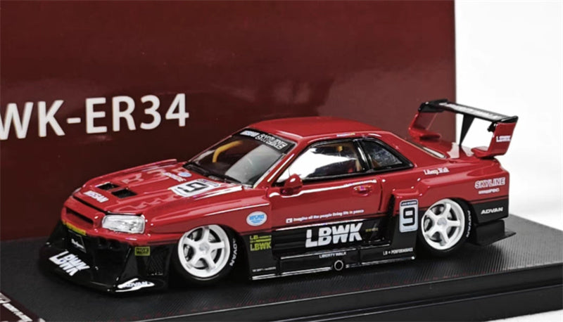 SW Nissan Skyline LBWK ER34 Red Black White Wheels 9# 1:64 car Pre-built Model view1