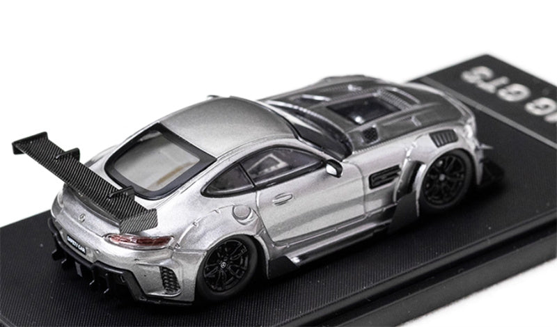 Rhino Model Mercedes AMG GTS modified big rear wing sports car silver gray 1:64 Car Pre-built Model view4