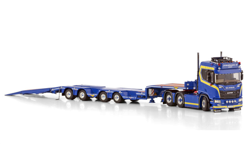 WSI SCANIA R NORMAL CR20N 6X2 TAG AXLE SEMI WHEEL WELL LOW LOADER - 4 AXLE JB BILBARGNING 1:50 Model