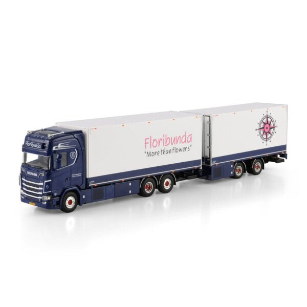 1:50 SCANIA FLORIBUNDA S CS20H 6X2 REEFER DRAWBAR CENTRE-AXLED TRAILER 5 AXLE WSI Diecast Model