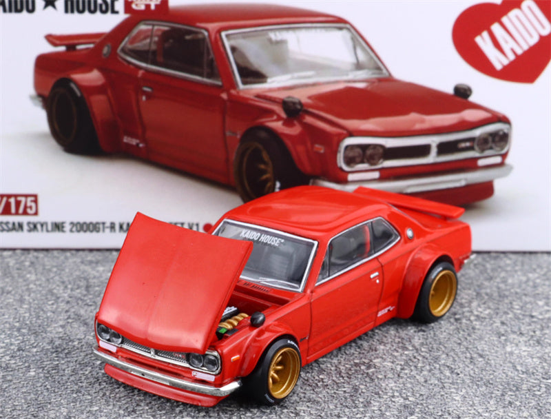KaidoHouse x MiniGT Nissan Skyline 2000GT-R KPGC10 Kaido Street V1 red color box packaging 1:64 Car Pre-built Model view4