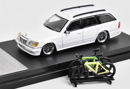 Mortal Mercedes Benz E-Class E300 station wagon S124 with 2 bicycles and luggage rack White - Silver Wheel low slung version Limited Edition 599PCS ONLY 1:64 Car Pre-built Model view1