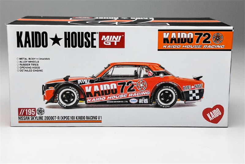 KaidoHouse x MiniGT Nissan Skyline 2000GT-R (KPGC10) Kaido Racing V1 China Edition Orange black Stripes color box packaging 1:64 Car Pre-built Model view8