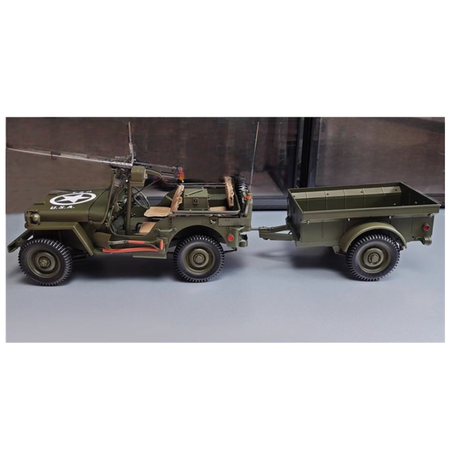 PREMIUM X 1943 Jeep Wells MB Trailer M3 Anti Tank Set Olive green 1:8 DIECAST Tank