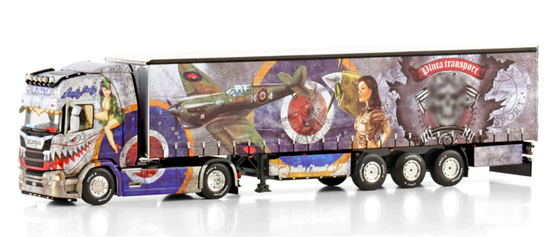 WSI SCANIA R HIGHLINE CR20H 4X2 CURTAINSIDE TRAILER - 3 AXLE PLUTA transport 1:50 Model
