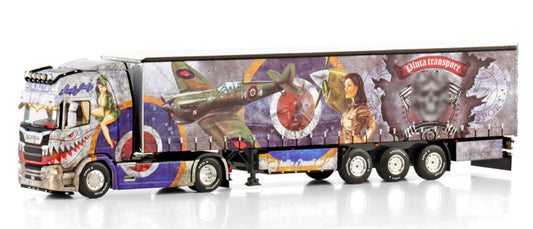 WSI SCANIA R HIGHLINE CR20H 4X2 CURTAINSIDE TRAILER - 3 AXLE PLUTA transport 1:50 Model