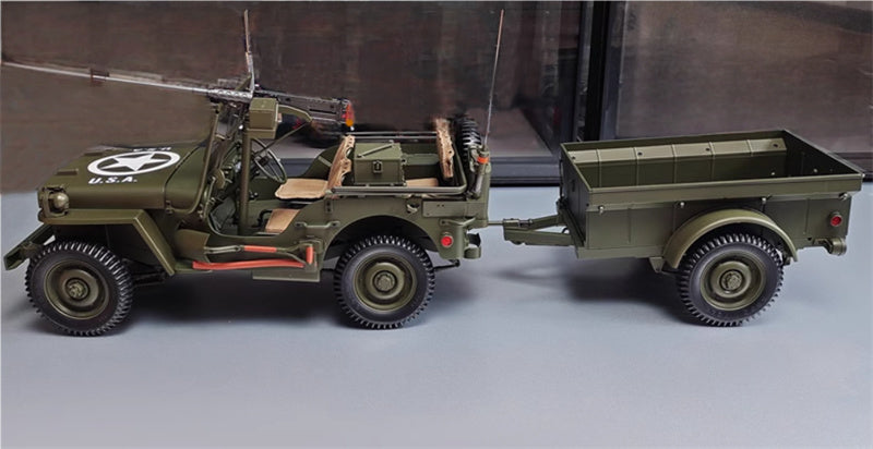 PREMIUM X 1943 Jeep Wells MB Trailer M3 Anti Tank Set Olive green 1:8 DIECAST Tank
