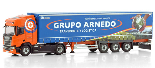 WSI SCANIA R HIGHLINE CR20H 4X2 CURTAINSIDE TRAILER - 3 AXLE Grupo Arnedo 1:50 Truck Pre-built Model
