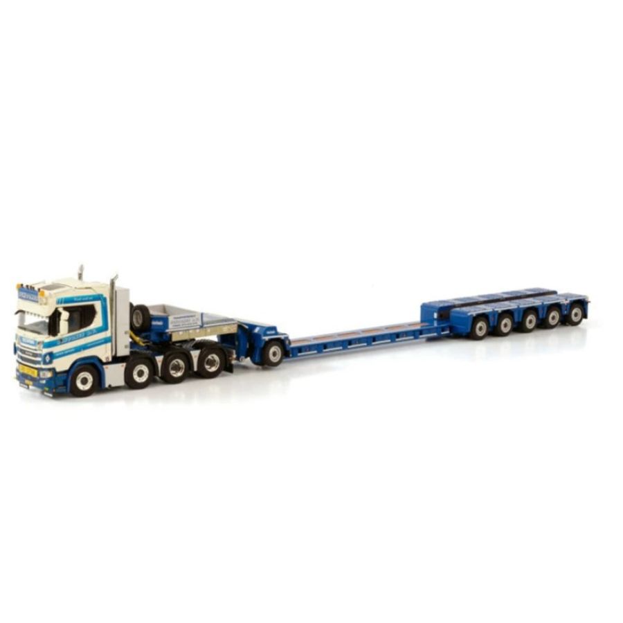 WSI SCANIA R NORMAL CR20N 8X4 LOW LOADER PENDEL X - 5 AXLE + DOLLY - 1 AXLE SCHOONES B.V. 1:50 DIECAST Truck Lorry