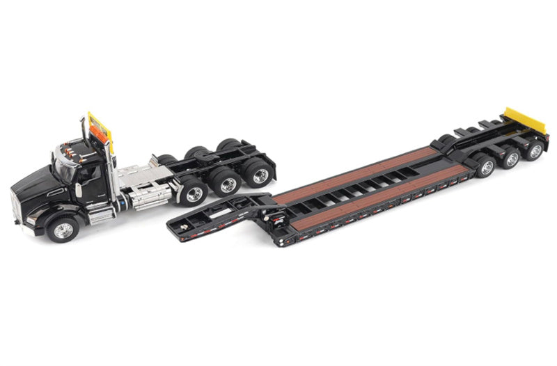 CATERPILLAR Kenworth T880 SBFA Daycab Tridem Tractor in Black with Trail King TK120 HDG Lowboy Trailer 1:50 Truck Pre-built Model