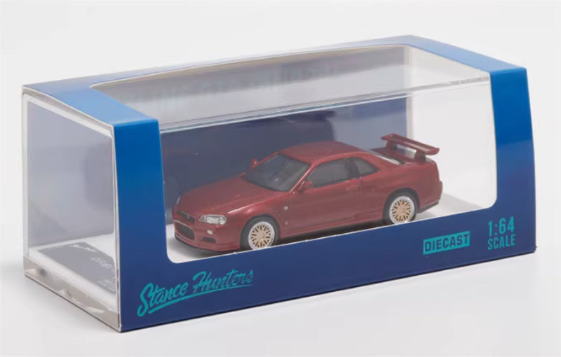 Stance Hunters Nissan Skyline GTR BNR34 V-SPEC-II Red Carbon BBS Wheel Limited Edition 499PCS ONLY 1:64 Car Pre-built Model view5