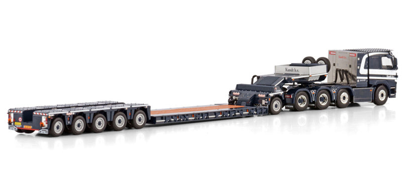 WSI  VOLVO FM4 SLEEPER CAB 8X4 LOW LOADER PENDEL X WITH 1 AXLE DOLLY - 5 AXLE Kandt B.V. 1:50 Truck Pre-built Model
