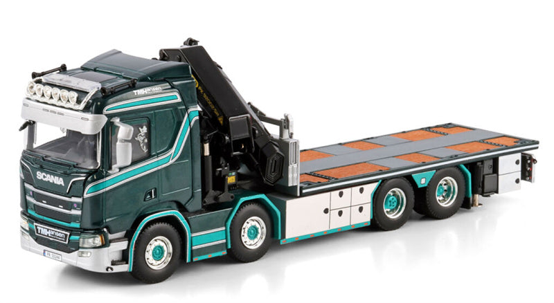 WSI SCANIA R NORMAL CR20N RIGED FLATBED TRUCK 8X2 TAG AXLE WITH PALFINGER PK 92002 SH + JIB TM Hansen 1:50 Model