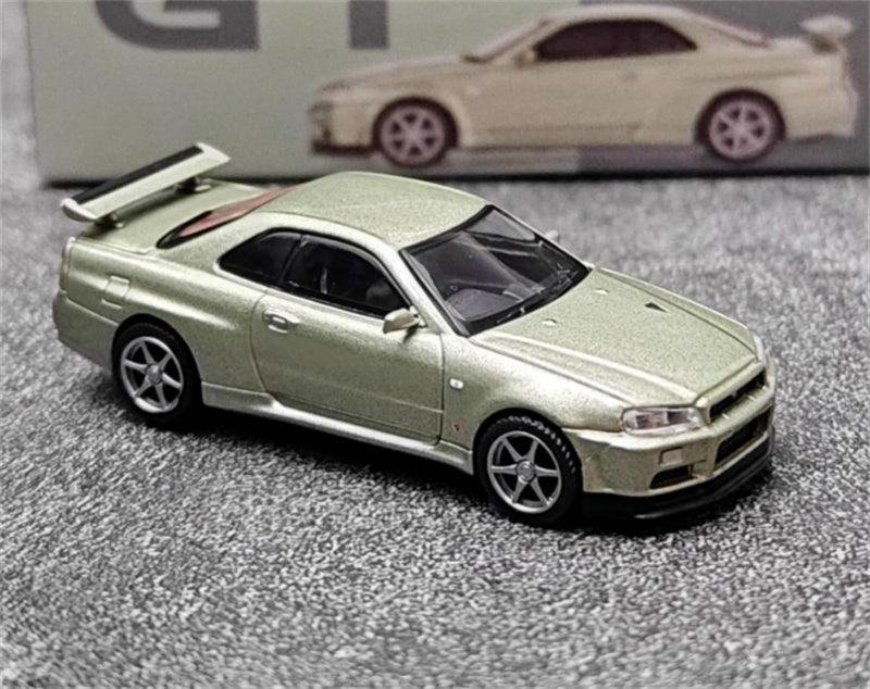 MINIGT Nissan Kyline GT-R R34 V-Spec II Nur Millenium Jade color box packaging 1:64 Car Pre-built Model view5