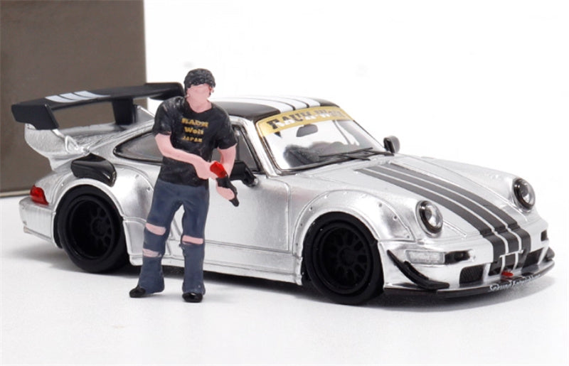 Star Model Porsche RWB 964 GT Tail Wing Edition Limited Edition Silver Black Line w/ Figure 1:64 Car Pre-built Model view4
