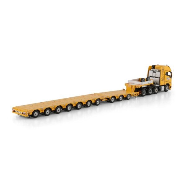 1:50 VOLVO STEIL FH5 XL 8X4 MANOOVR W/ 3 AXLE DOLLY 7 AXLE WSI Yellow Diecast Model