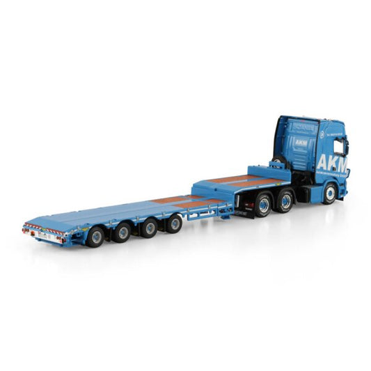 1:50 SCANIA AKM S CS20H 6X4 SEMI LOW LOADER 4 AXLE WSI Blue Diecast Model
