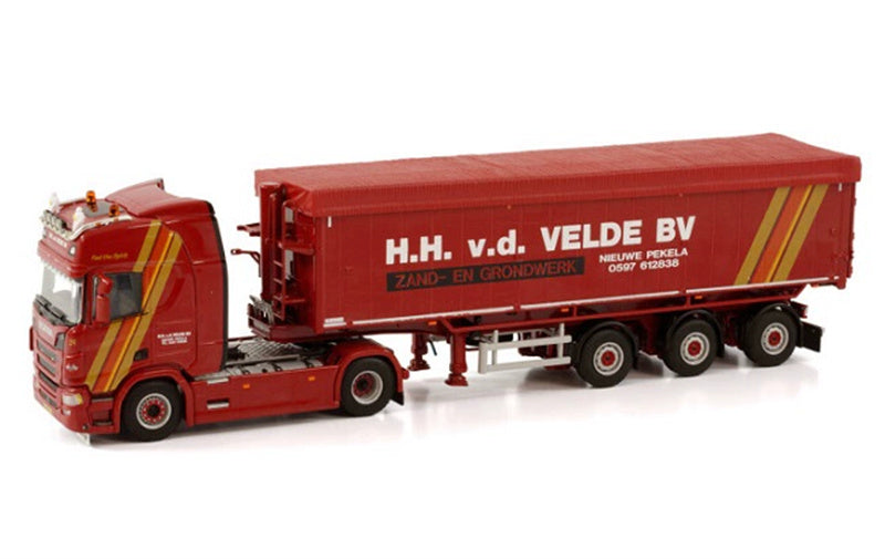 WSI SCANIA R HIGHLINE CR20H 4X2 VOLUME TIPPER TRAILER - 3 AXLE H.H.V.D.VELDE BV 1:50 Truck Pre-built Model