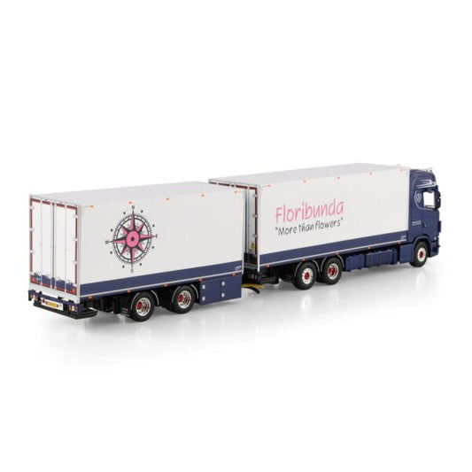 1:50 SCANIA FLORIBUNDA S CS20H 6X2 REEFER DRAWBAR CENTRE-AXLED TRAILER 5 AXLE WSI Diecast Model