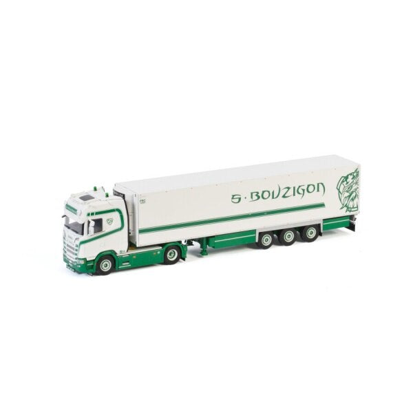 1:50 SCANIA S. BOUZIGON S HIGHLINE CS20H 4X2 REEFER TRAILER 3 AXLE WSI  White - Green DIECAST Model