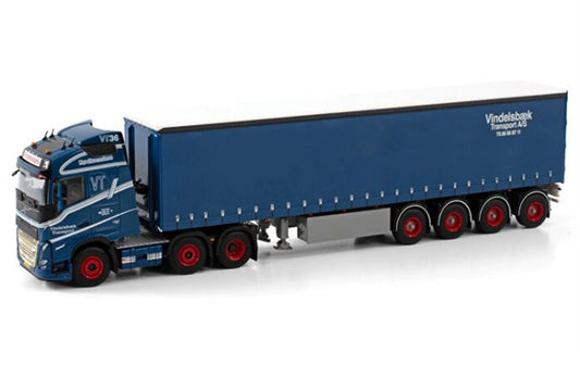 WSI VOLVO FH5 GLOBETROTTER 6X2 TWIN STEER CURTAINSIDE TRAILER - 4 AXLE VINDELSBAEK 1:50 Truck Pre-built Model