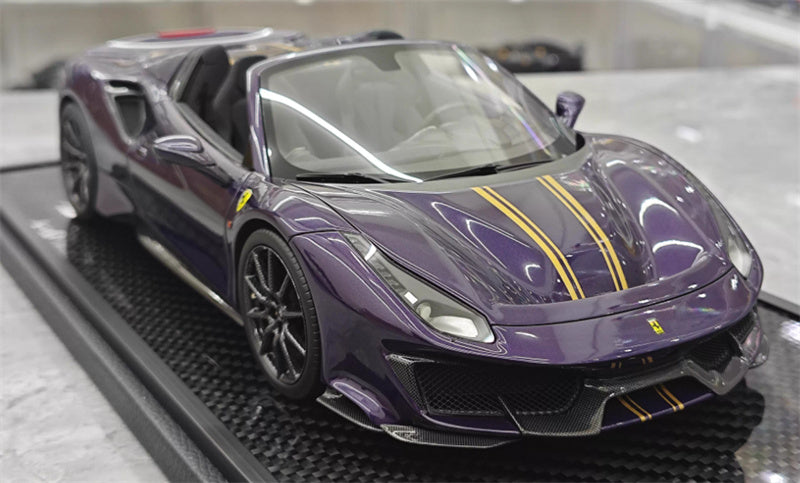 BBR MODELS FERRARI 488 Pista Spider convertible Hong Kong Metal Purple Double yellow Strip Black wheels Carbon fiber base Limited Edition 28PCS ONLY 1:18 Car Pre-built Model view5