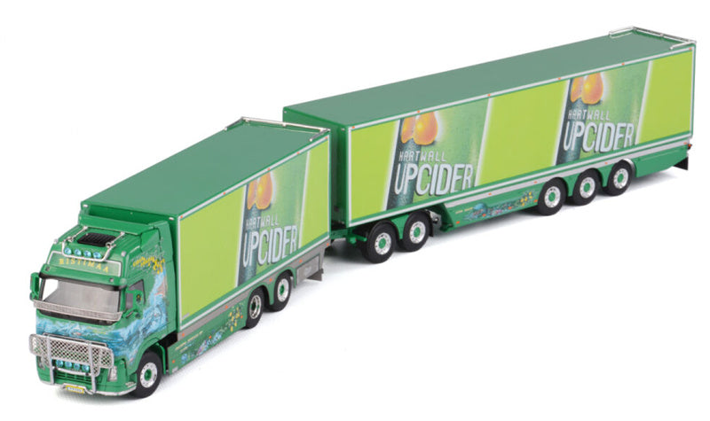 WSI  VOLVO FH2 GLOBETROTTER XL 6X2 TAG AXLE BOX TRAILER (3 as star) + 2as dolly Ristimaa Cider Shark 1:50 DIECAST Truck