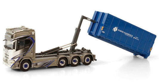 WSI SCANIA R HIGHLINE CR20H 8X4 RIGID TRUCK HOOKLIFT SYSTEM + HOOKLIFT CONTAINER 40M3 NORSK SANERINGSSERVICE 1:50 Truck Pre-built Model