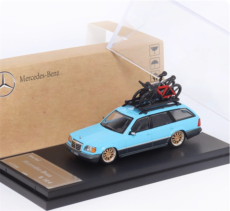 Mortal Mercedes Benz E-Class E300 station wagon S124 with 2 bicycles and luggage rack lake blue - Gold Wheel low slung version Limited Edition 299PCS ONLY 1:64 Car Pre-built Model view4