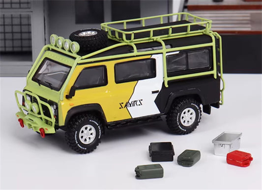 Master Land Rover Defender Van Yellow white and black color scheme with accessories 1:64 Car Pre-built Airliner Model Display view1