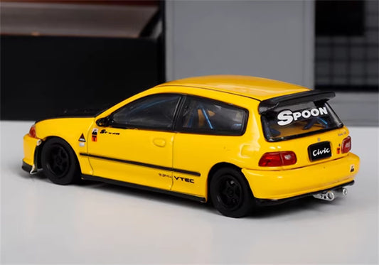 SW Honda Civic EG6 SPOON yellow carbon cover Limited Edition 500PCS ONLY 1:64 Car Pre-built Model view2