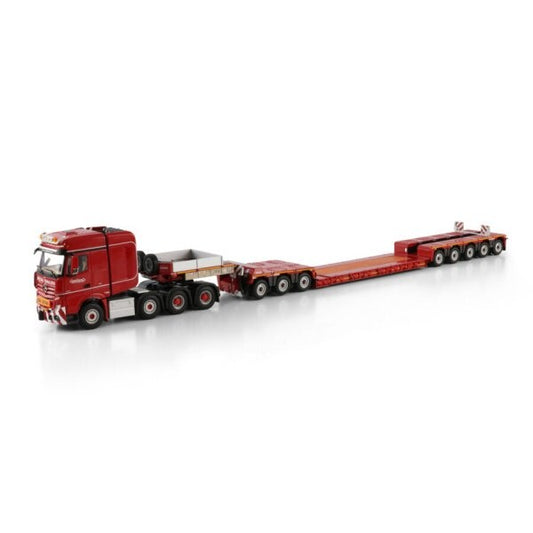 1:50 MERCEDES BENZ NOOTEBOOM RED LINE ACTROS MP5 8X4 EURO PX LOW LOADER -8 AXLE + DOLLY 3 AXLE WSI Red Diecast Model