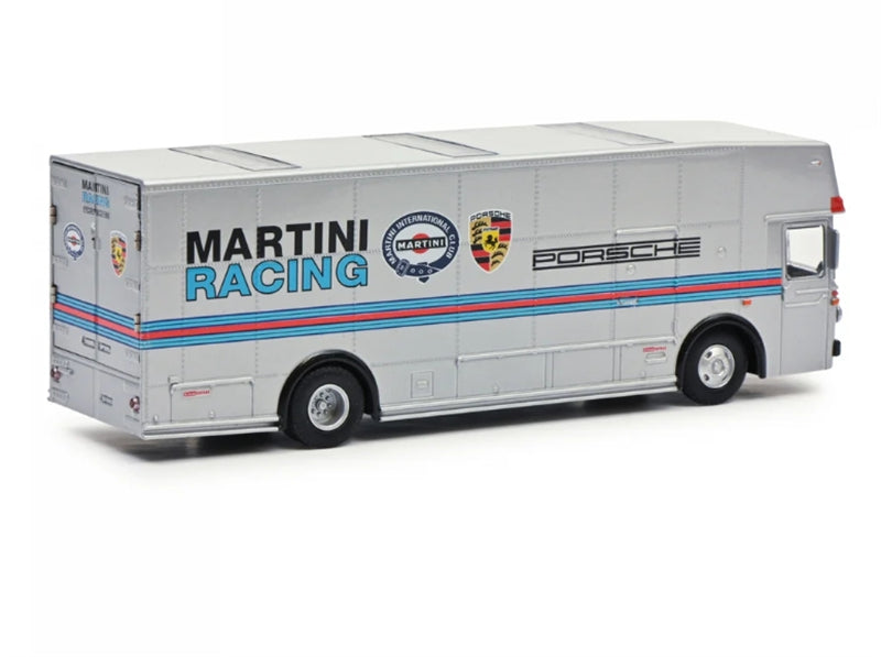 Schuco Mercedes Benz O317 Race Car Transporter Team Porsche Martini Racing silver 1971 1:64 Truck Pre-built Model