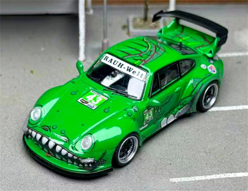 FLAME Porsche RWB 993 Green Dinosaur Limited Edition 499PCS ONLY RAUH - Welt 1:64 Car Pre-built Model view4