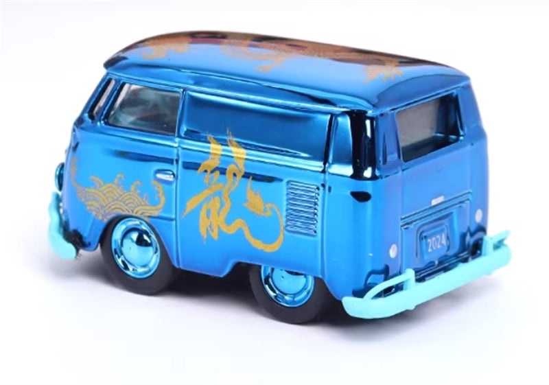 HY Model VW mini Bus Kombi version 1960 Chrome Blue Year of Dragon Limited Edition 499pcs ONLY 1:64 Car Pre-built Model