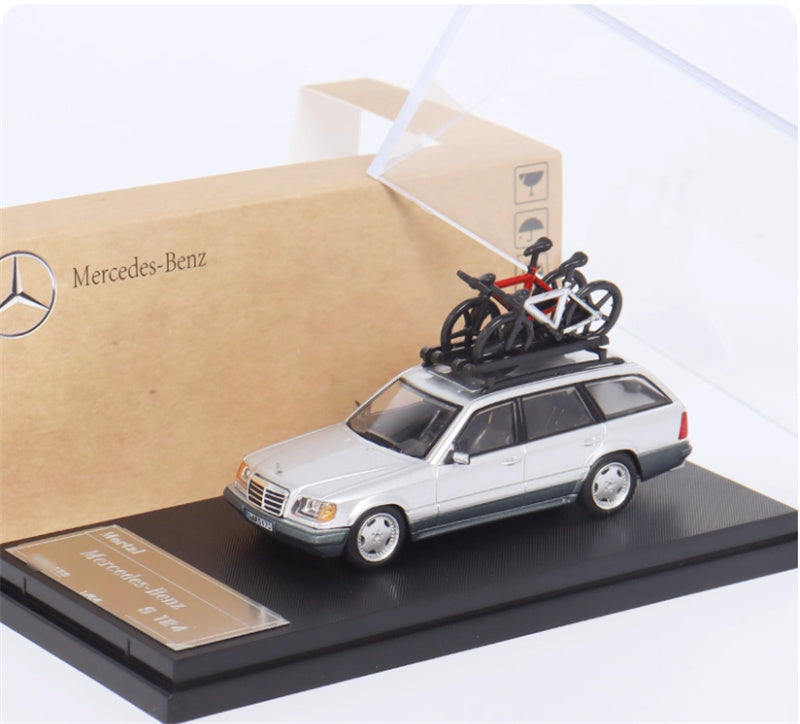 Mortal Mercedes Benz E-Class E300 station wagon S124 with 2 bicycles and luggage rack Silver（Grey skirt edge）- Silver Wheel Limited Edition 599PCS ONLY 1:64 Car Pre-built Model view4